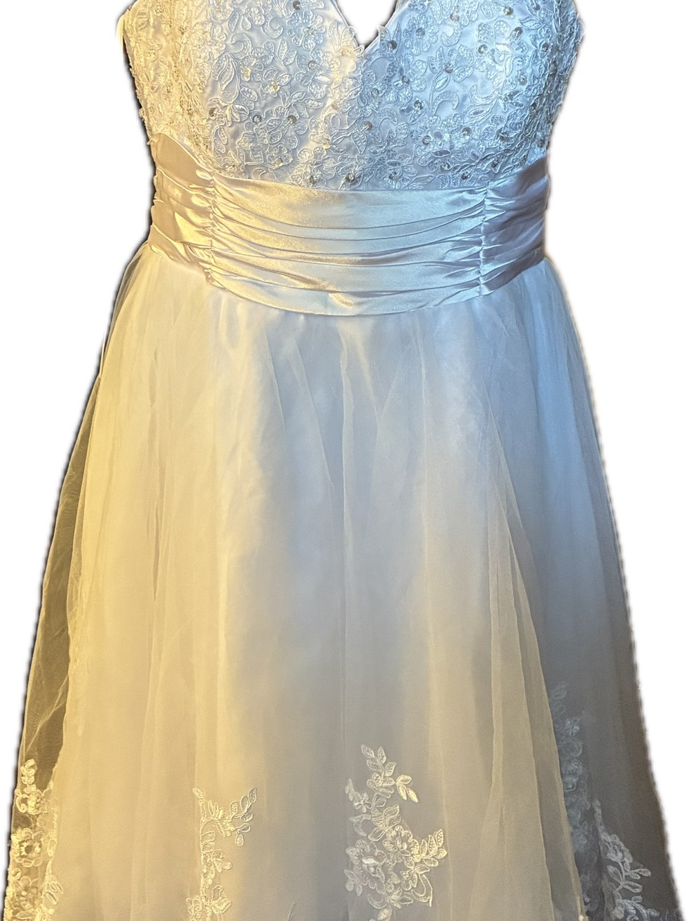 Bridal White Lace & Tulle Wedding Dress with Gathered Satin Sash Size 18-20
